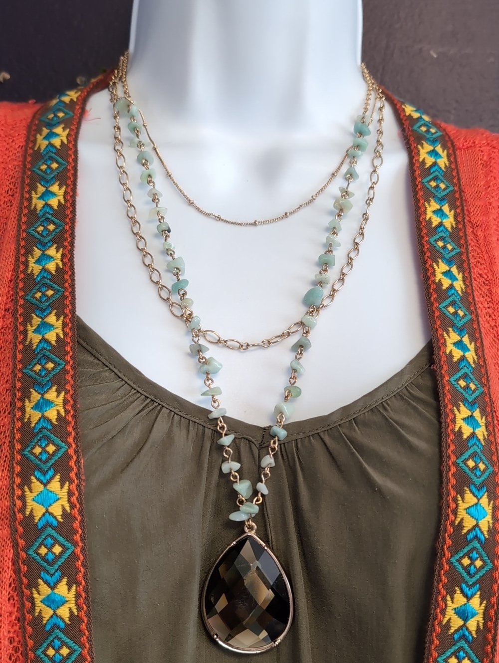 Avon Gold Layered Necklace with Pale Green Beads and Smoky Teardrop - Picture 3 of 7